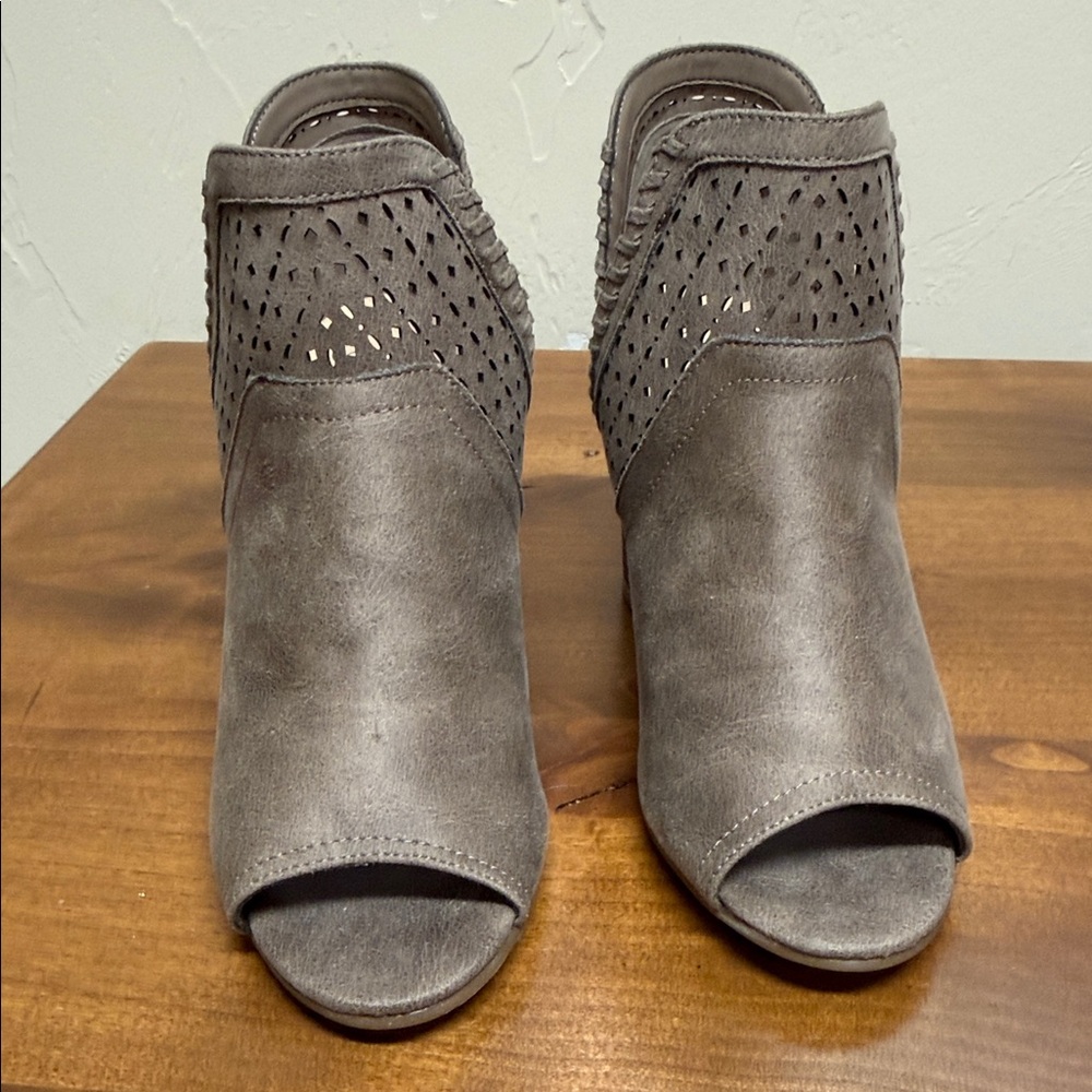Fergie Gray Peep-Toe Laser-Cut Mule Booties
